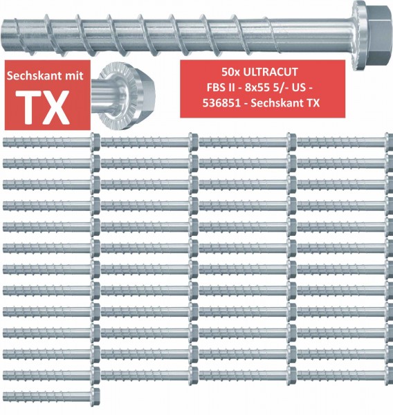 Fischer Betonschrauben Sechskant TX UltraCut FBS II - 8x55 5/- US - 50 Stück