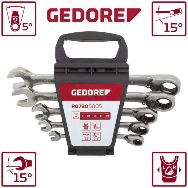 Gedore Red Maul-Ringratschenschlüssel Satz - umschaltbar - 5teilig - R07205005