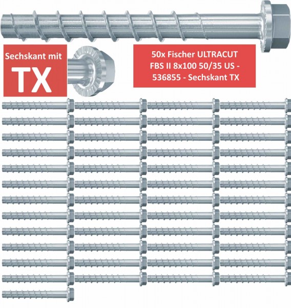 Fischer Betonschrauben Sechskant TX UltraCut FBS II 8x100 50/35 US - 50 Stück