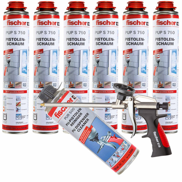 Fischer Pistolenschaum PUP S 750ml B2 1K - 6 Stück + 1x Pistole + 1x Reiniger
