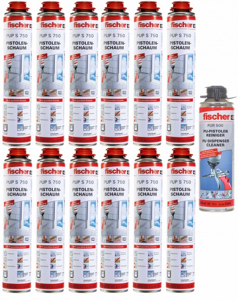 Fischer Pistolenschaum PUP S 750ml B2 1K - 12 Stück + 1x PUR500 500ml Reiniger