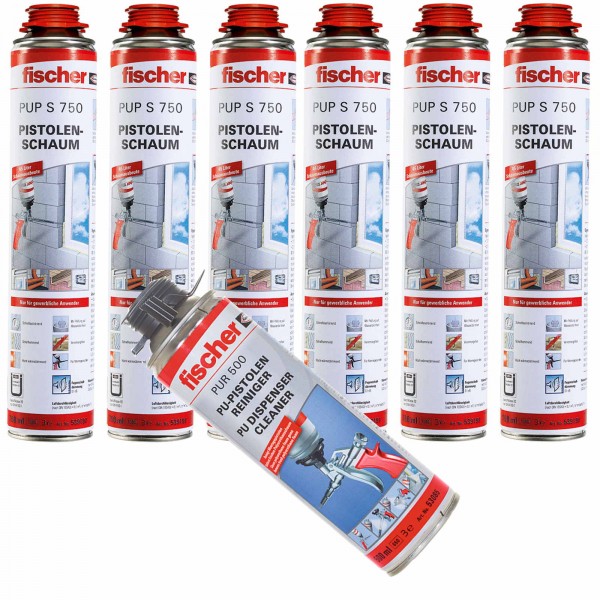 Fischer Pistolenschaum PUP S 750ml B2 1K - 6 Stück + 1x PUR500 500ml Reiniger
